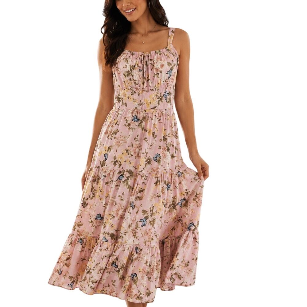 INC Pink Floral Butterfly Midi Dress 4 Cottagecore Fairycore
